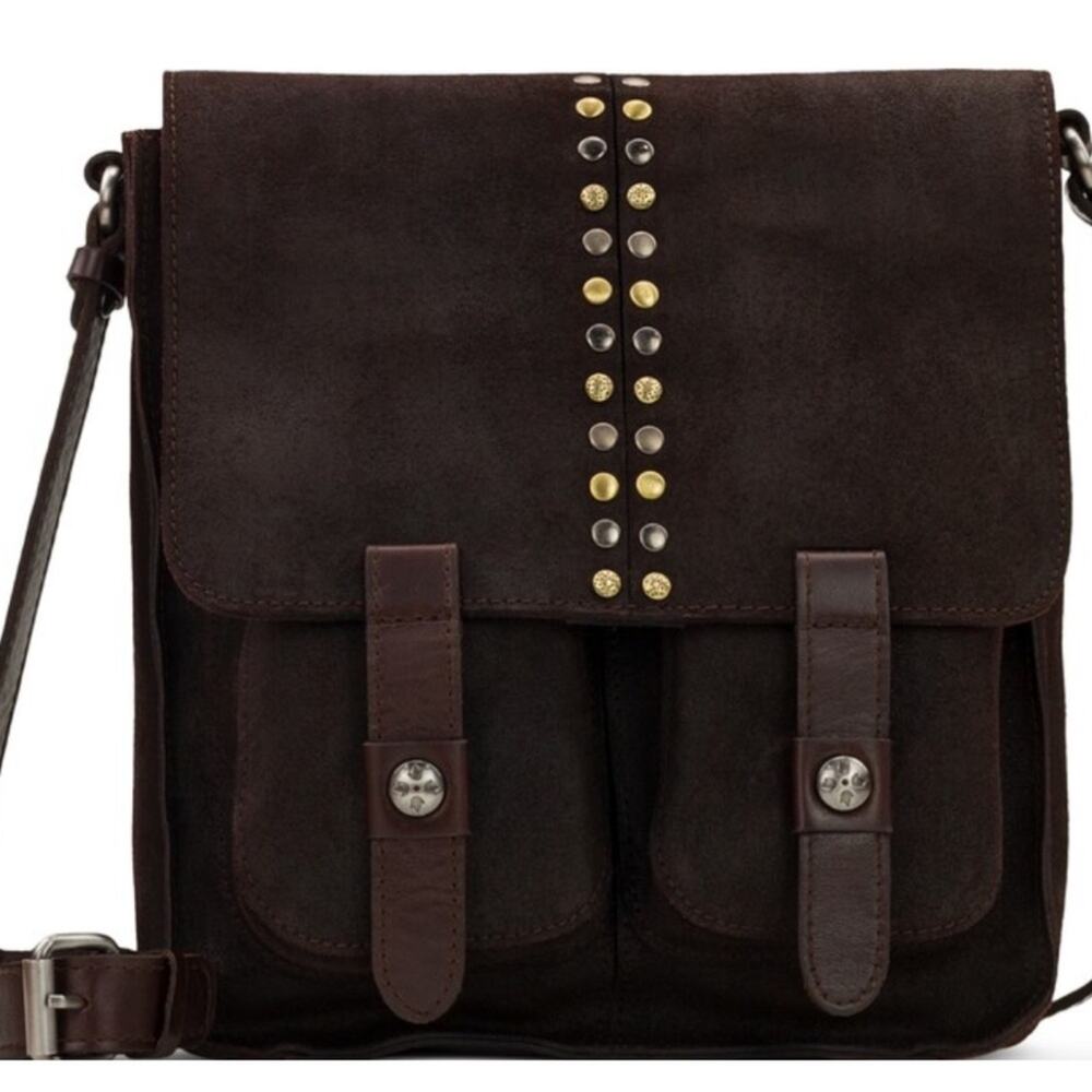 Patricia Nash Armeno Brown Suede Studded Flap Crossbody Messenger Bag